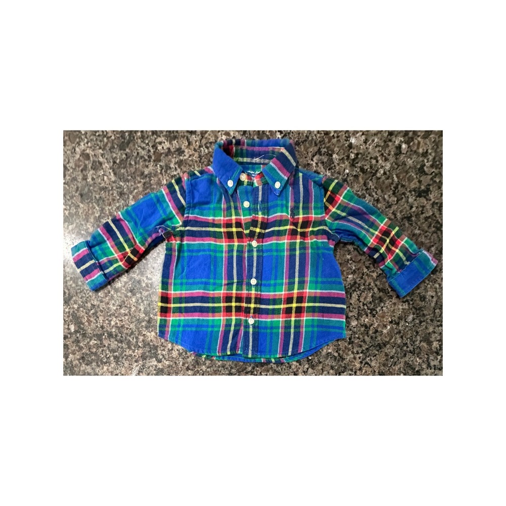 Ralph Lauren Blue Plaid Flannel Button Down Shirt Kids 6M Pony Logo